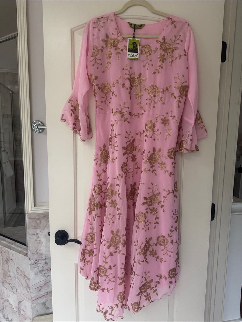 Ladies Pink Chiffon Dress with Gold Floral Hand Embroidery and Ruffle Sleeves